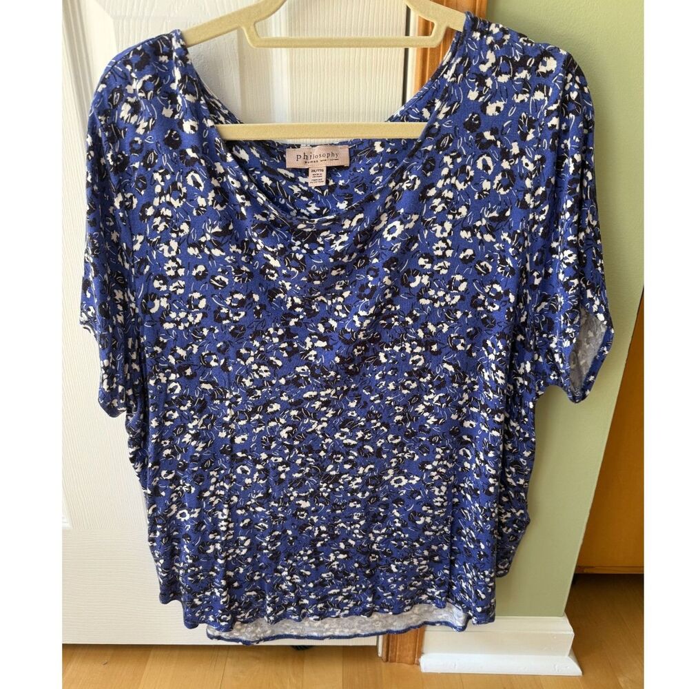 Philosophy Floral Print Short Sleeve Top 2X Blue Black White Scoop Neck Blouse
